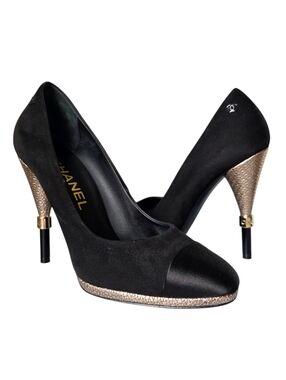 Chanel CC Logo Black Suede Gold Heel Pumps Cap Toe Heels G32233 EU 36